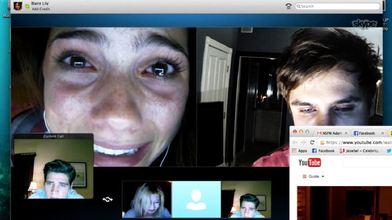 A screen depicts multiple video chats with stressed video chat