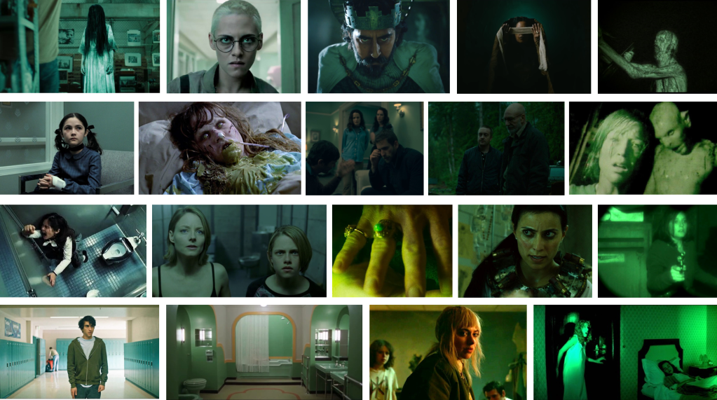 A collage of screenshots from horror movies that heavily use green, including The Ring, Underwater, Green Knight, The Descent, The Orphan, The Exorcist, The Haunting of Hill House, Green Room, Rec, Panic Room, Saw, Silence of the Lambs, Hereditary, The Shining, Suspiria