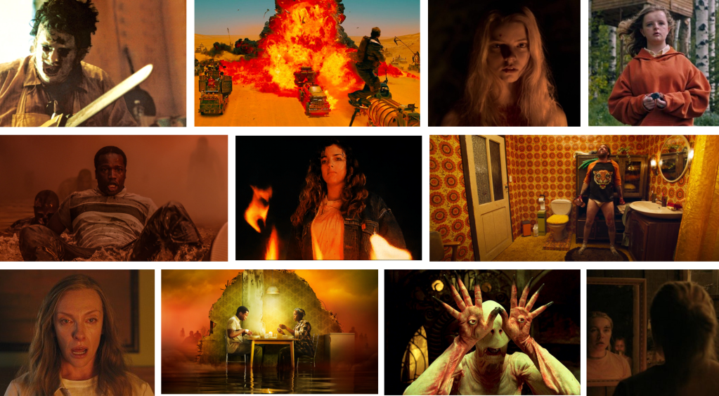 A collage of screenshots from horror movies that heavily use including Texas Chainsaw Massacre, Mad Max: Fury Road, The VVitch, Hereditary, His House, Hellraiser, Mandy, Hereditary, Pan's Labyrinth, Midsomar