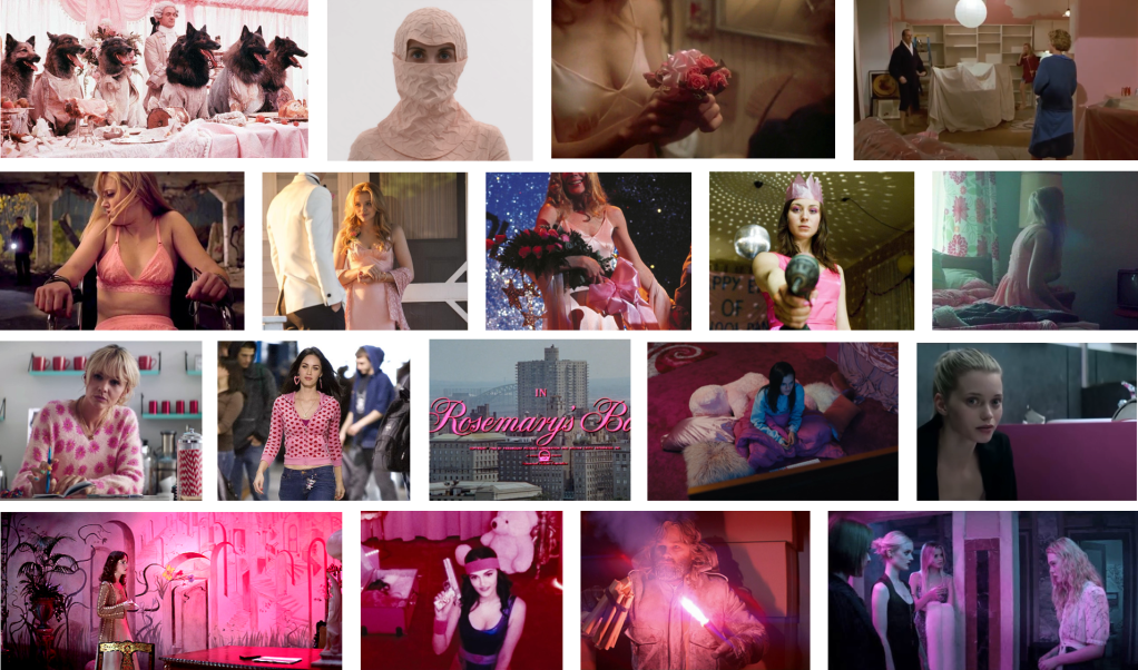 A collage of screenshots from horror movies that heavily use The Company of Wolves, Horse Girl, Carrie, Candyman, It Follows, The Loved Ones, Promising Young Woman, Jennifer's Body, Rosemary's Baby, Cam, Neon Demon, Suspiria, The Thing
