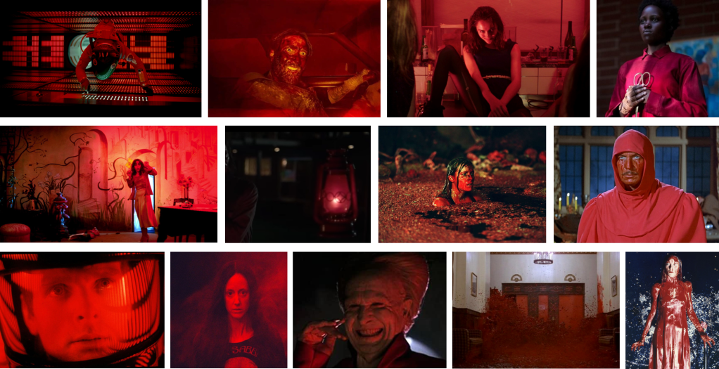 A collage of screenshots from horror movies that heavily use red, including 2001: A Space Odyssey, Mandy, Raw, Us, Suspiria, The Invitation, The Descent, The Masque of the Red Death, Bram Stoker's Dracula, The Shining, and Carrie