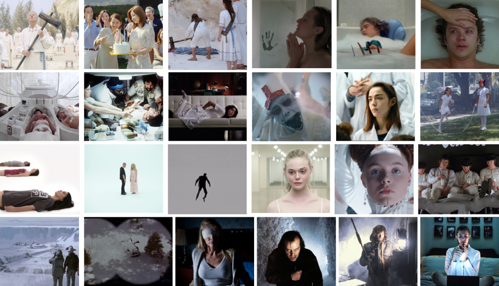 A collage of screenshots from horror movies that heavily use white, including Midsommar, Parasite, The Invisible Man, Nightmare on Elm Street, Jacob's Ladder, Alien, American Horror Story, Spectros, Raw, Horse Girl, Neon Demon, Vertigo, Green Knight, A Clockwork Orange, The Thing, Misery, Julia's Eyes, The Shining, and Get Out