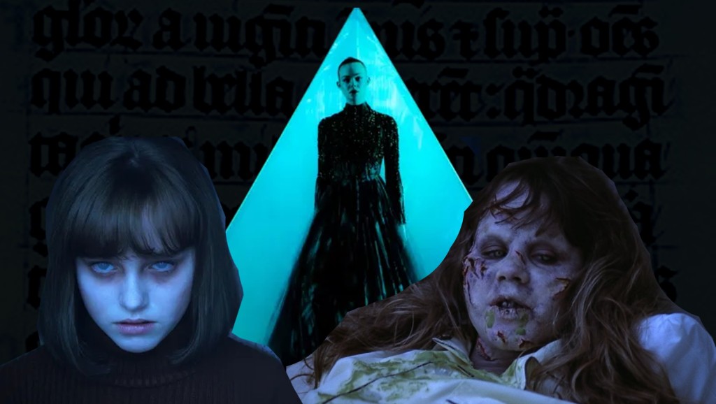 A picture of characters from The Conjuring, The Exorcist, and Neon Demon all lit in spooky blue